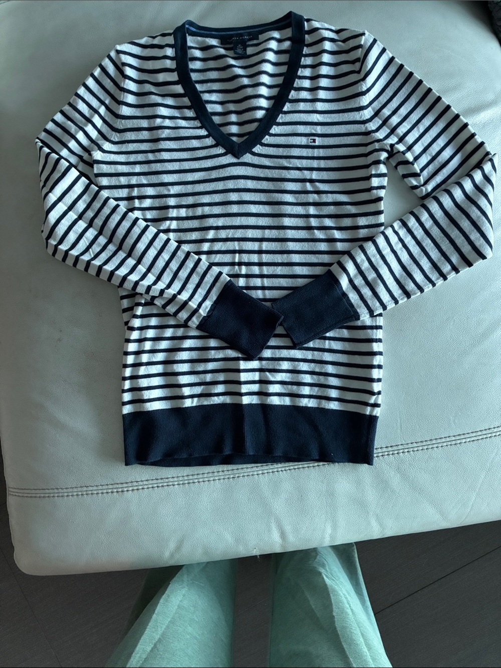 Tommy Hilfiger Navy & White Striped V-Neck Sweater